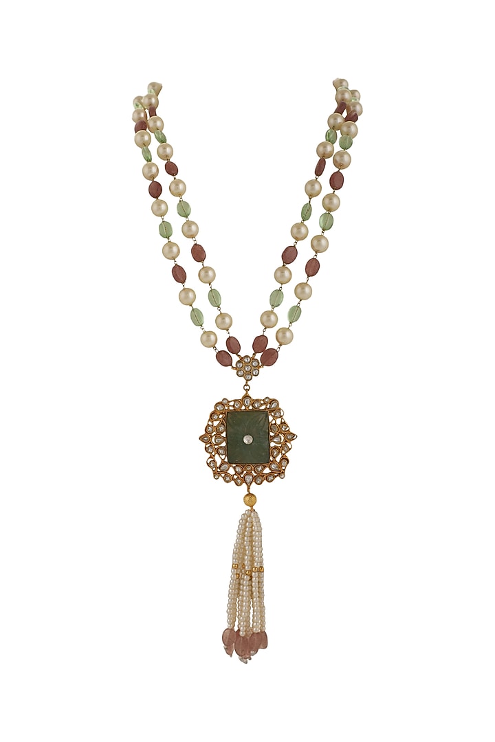 Gold Plated Mint Green Jadtar & Tassel Pendant Necklace by Riana Jewellery at Pernia's Pop Up Shop