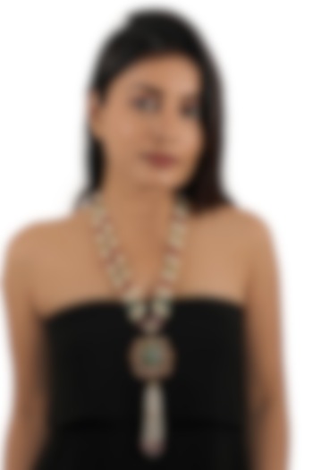 Gold Plated Mint Green Jadtar & Tassel Pendant Necklace by Riana Jewellery at Pernia's Pop Up Shop