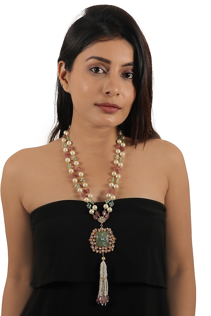Gold Plated Mint Green Jadtar & Tassel Pendant Necklace by Riana Jewellery at Pernia's Pop Up Shop