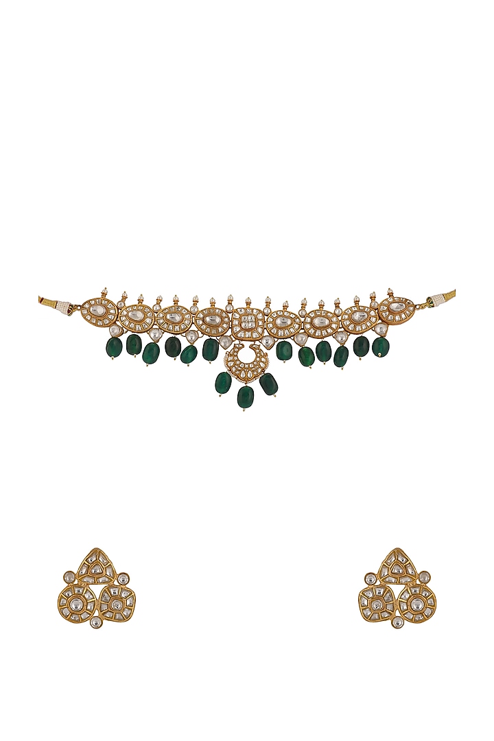 Gold Plated White Jadtar & Green Bead Necklace Set by Riana Jewellery at Pernia's Pop Up Shop