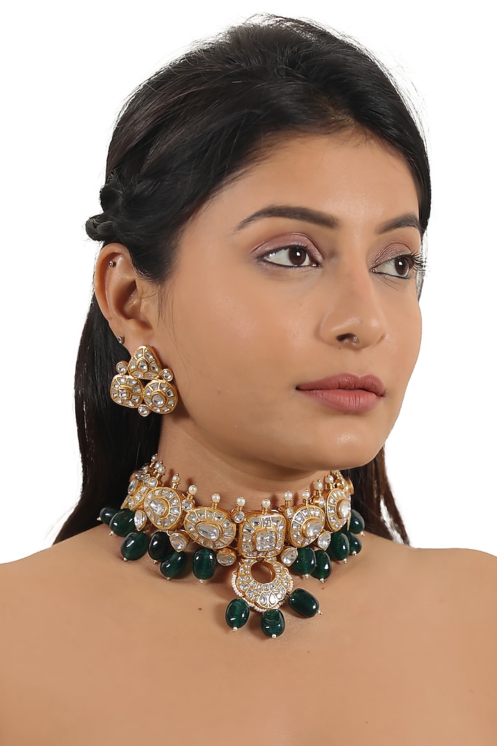 Gold Plated White Jadtar & Green Bead Necklace Set by Riana Jewellery at Pernia's Pop Up Shop