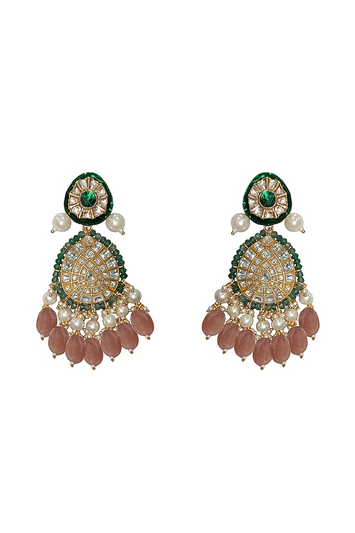 Gold Plated Pastel Pink Beaded Meenakari Dangler Earrings by Riana Jewellery at Pernia's Pop Up Shop