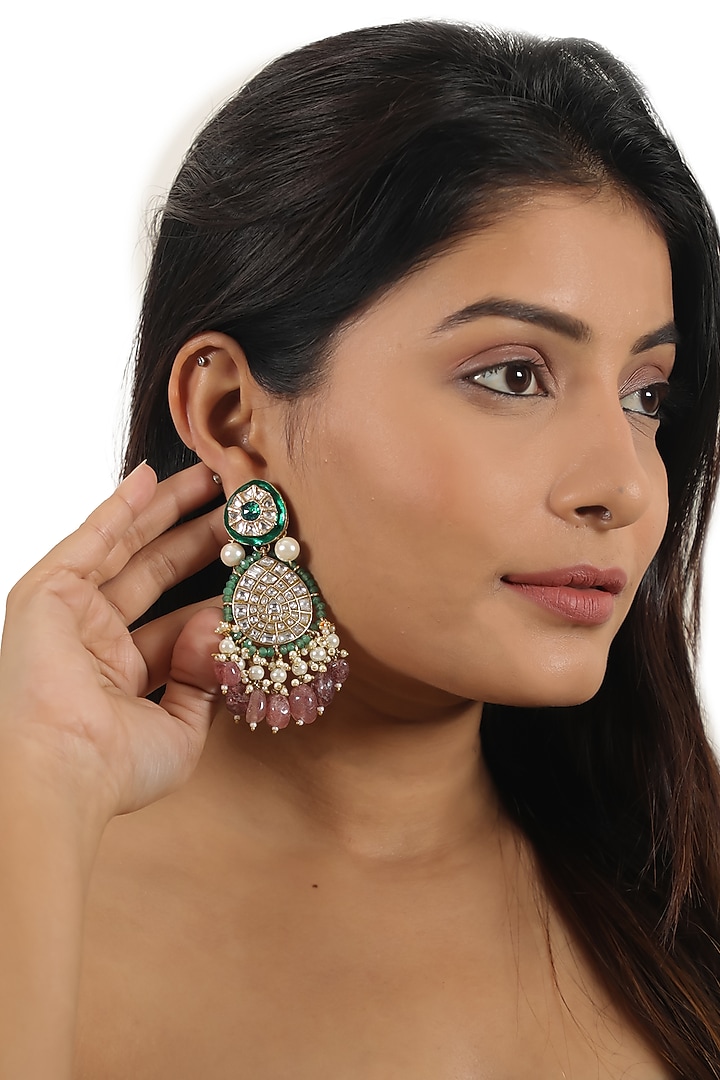 Gold Plated Pastel Pink Beaded Meenakari Dangler Earrings by Riana Jewellery at Pernia's Pop Up Shop
