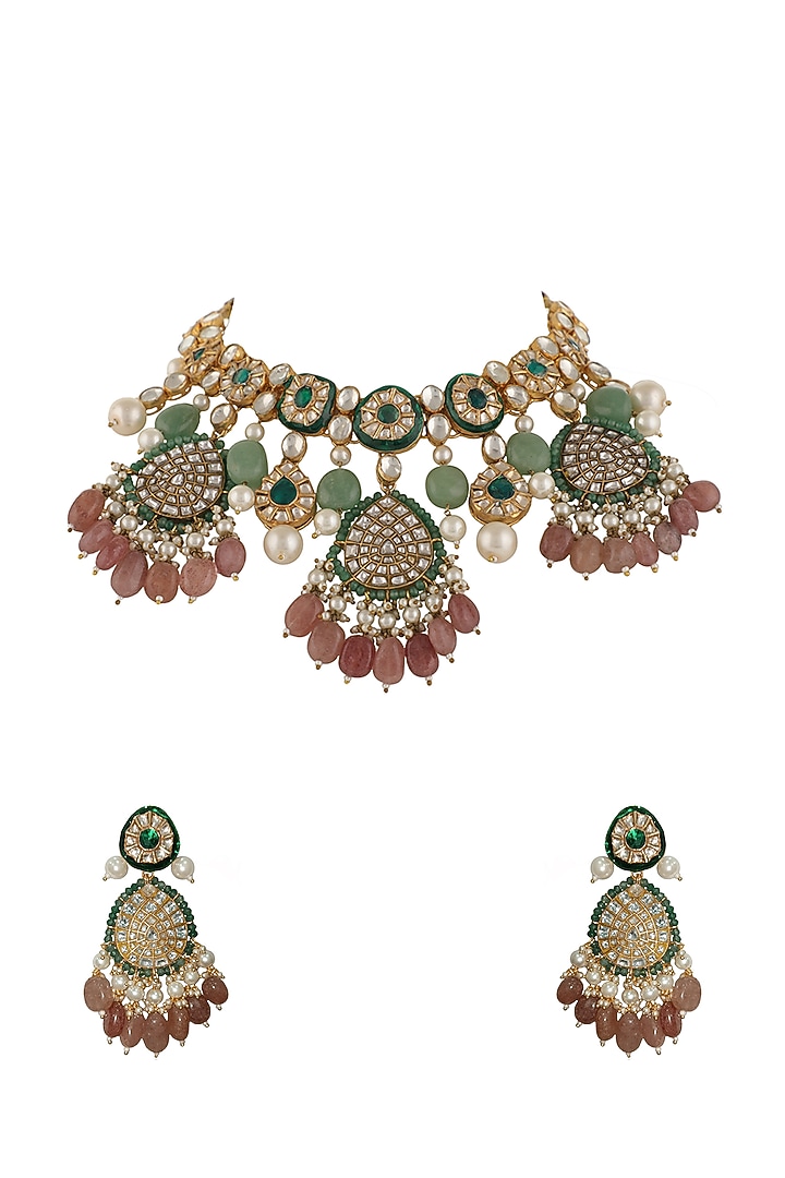 Gold Plated Jadtar & Green Meenakari Necklace Set by Riana Jewellery at Pernia's Pop Up Shop