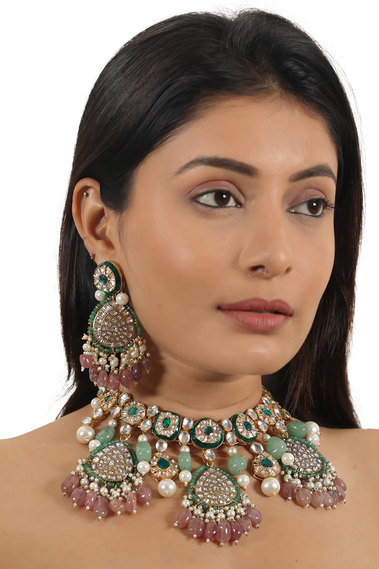 Gold Plated Jadtar & Green Meenakari Necklace Set by Riana Jewellery at Pernia's Pop Up Shop