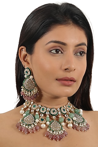 Gold Plated Jadtar & Green Meenakari Necklace Set by Riana Jewellery