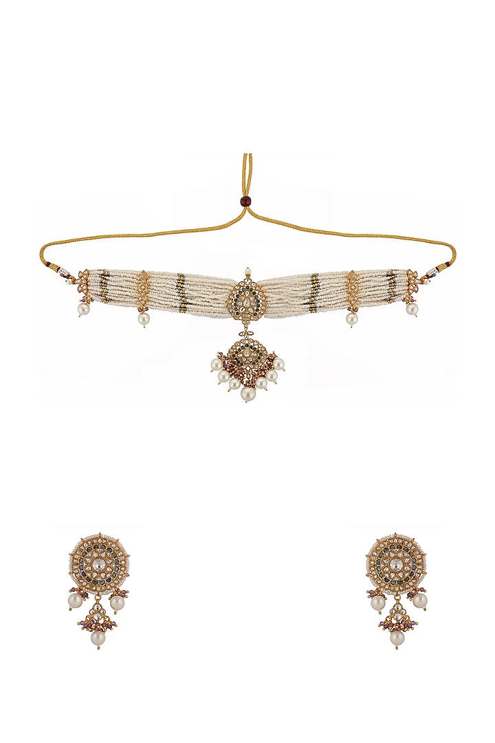Gold Finish White Jadtar & Purple Hanging Choker Necklace Set by Riana Jewellery at Pernia's Pop Up Shop