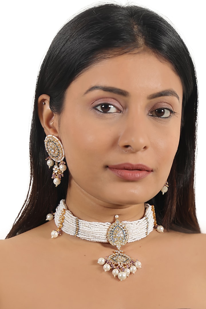 Gold Finish White Jadtar & Purple Hanging Choker Necklace Set by Riana Jewellery at Pernia's Pop Up Shop