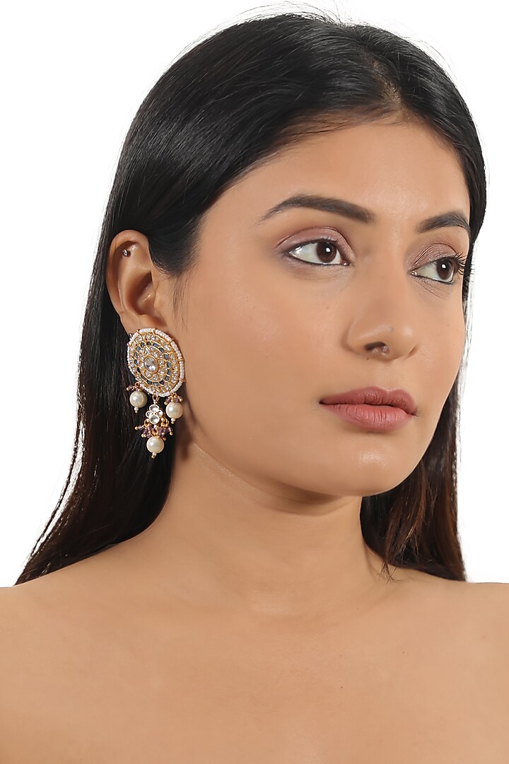 Gold Finish White Jadtar & Purple Hanging Choker Necklace Set by Riana Jewellery at Pernia's Pop Up Shop