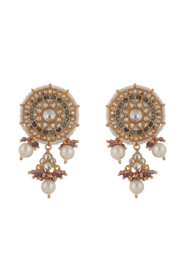 Gold Finish White Jadtar & Purple Hanging Stud Earrings by Riana Jewellery at Pernia's Pop Up Shop