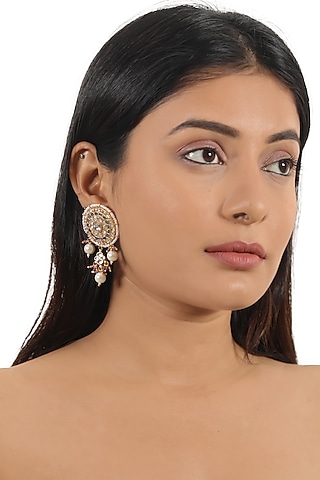 Gold Finish White Jadtar & Purple Hanging Stud Earrings by Riana Jewellery
