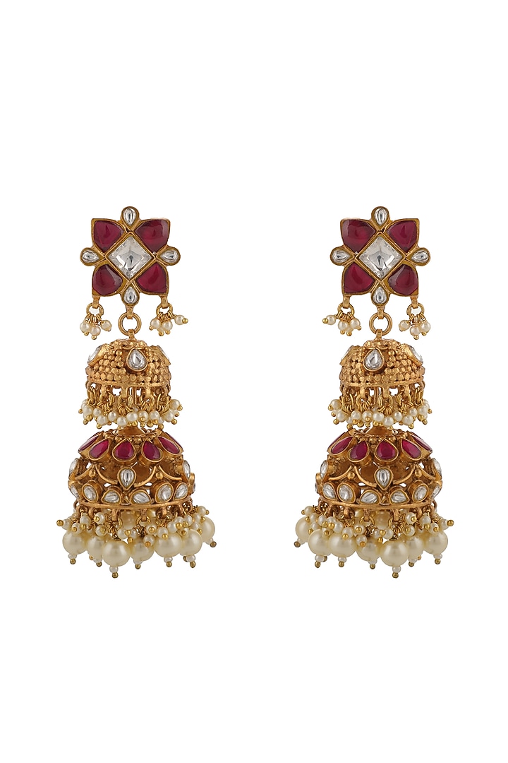 Gold Plated Pink Jadtar & Pearl Jhumka Earrings by Riana Jewellery at Pernia's Pop Up Shop