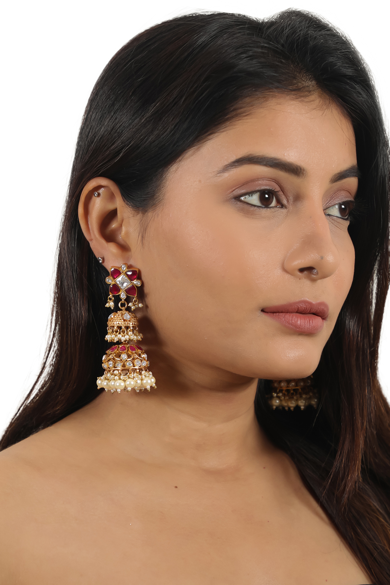 Gold Plated Pink Jadtar & Pearl Jhumka Earrings by Riana Jewellery at Pernia's Pop Up Shop