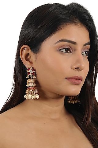 Gold Plated Pink Jadtar & Pearl Jhumka Earrings by Riana Jewellery
