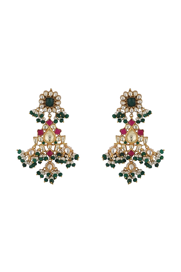Gold Plated Pink Jadtar & Pearl Floral Earrings by Riana Jewellery at Pernia's Pop Up Shop