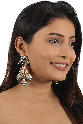 Gold Plated Pink Jadtar & Pearl Floral Earrings by Riana Jewellery