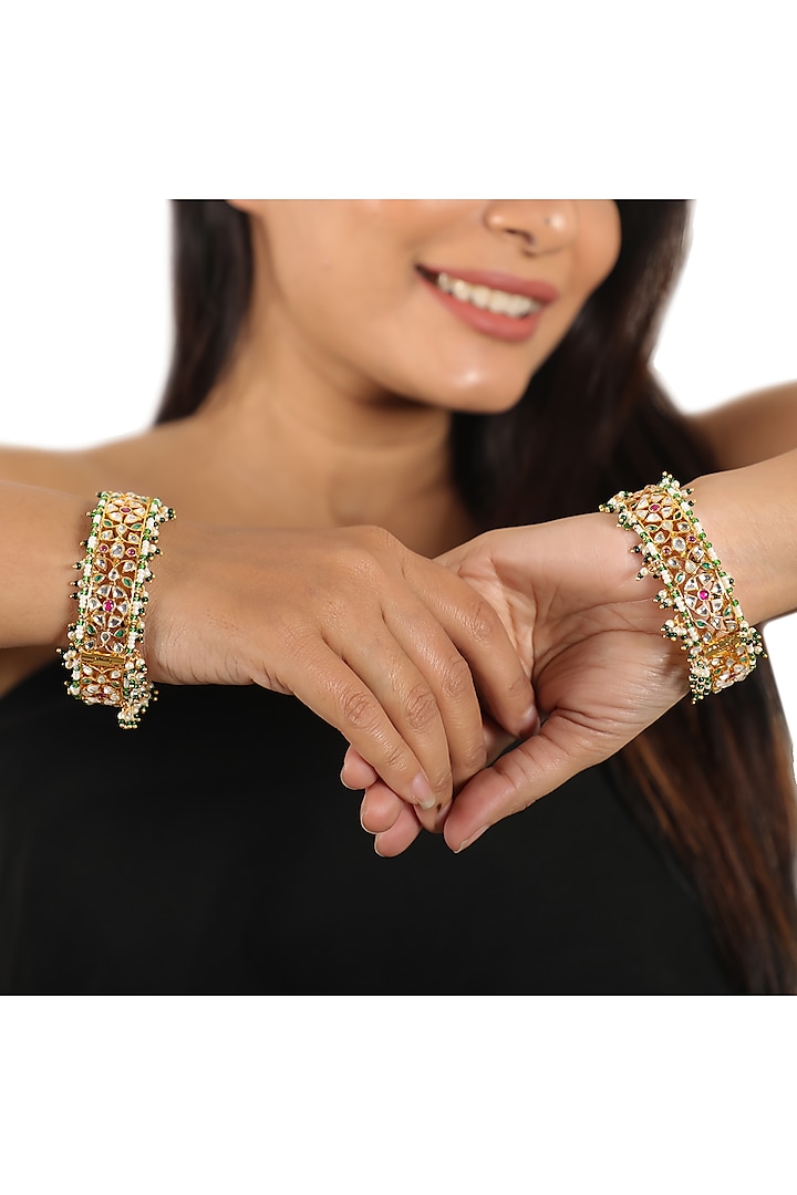 Gold Plated Pink & White Jadtar Bangle by Riana Jewellery