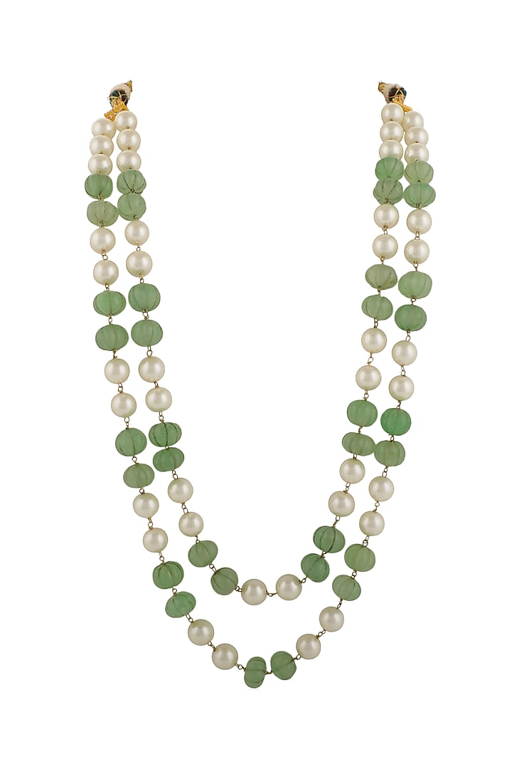 Gold Plated Sea Green White Pearl Layered Mala by Riana