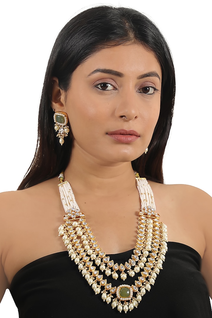 Gold Plated Mehendi Green Jadtar & Pearl Layered Necklace by Riana Jewellery