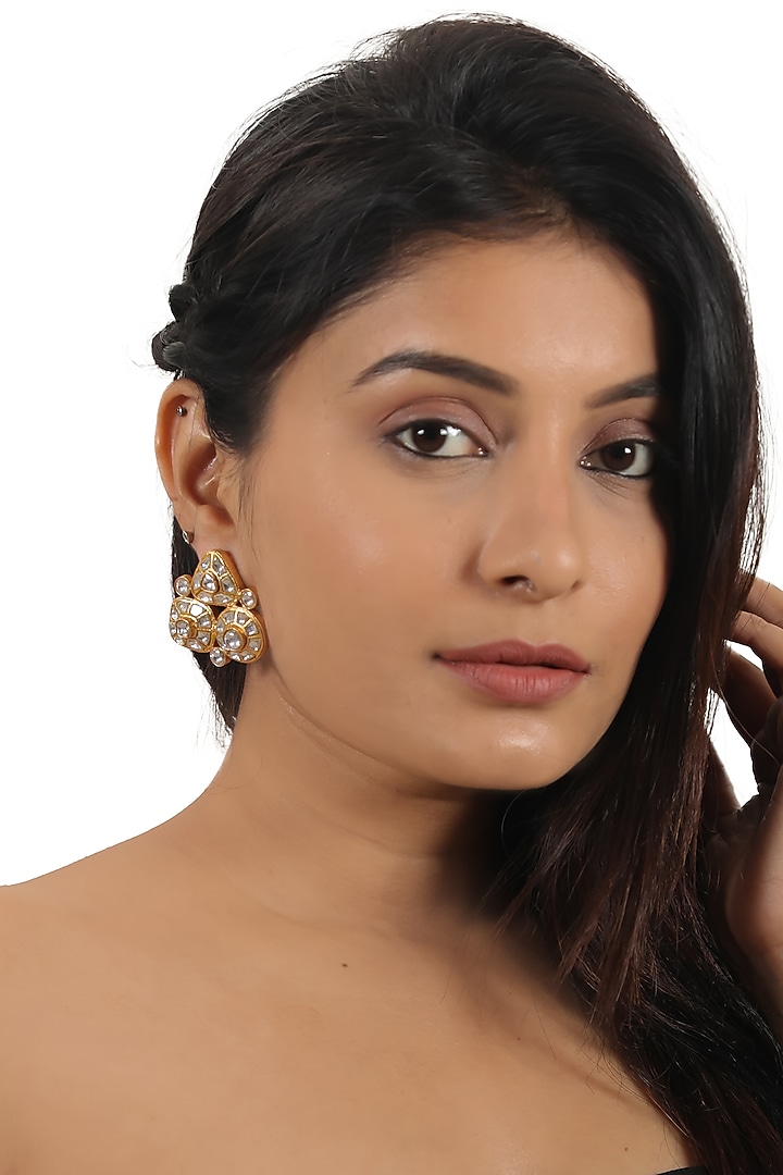 Gold Plated White Jadtar Stud Earrings by Riana Jewellery at Pernia's Pop Up Shop
