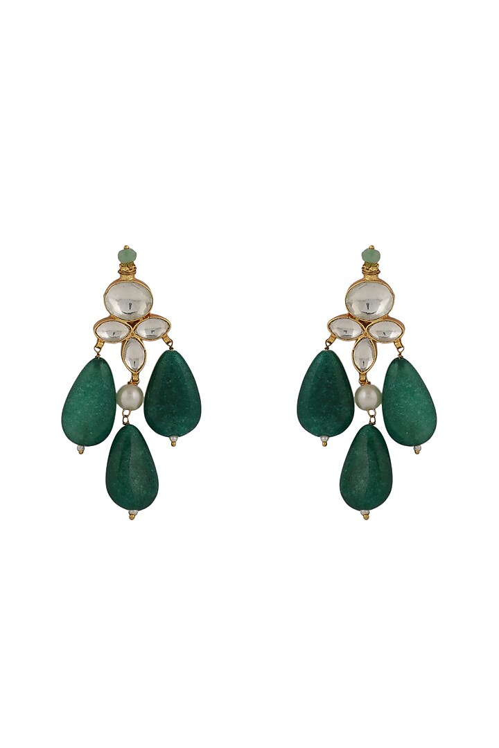 Gold Plated White Jadtar & Green Drop Earrings by Riana Jewellery at Pernia's Pop Up Shop