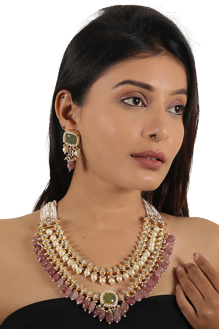 Gold Plated Mint Green Jadtar & Pearl Layered Necklace Set by Riana Jewellery