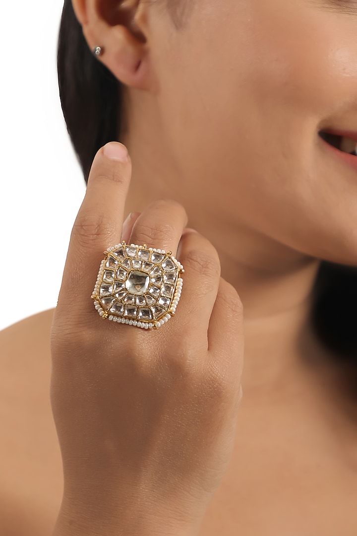 Gold Plated White Jadtar & Pearl Ring by Riana Jewellery at Pernia's Pop Up Shop