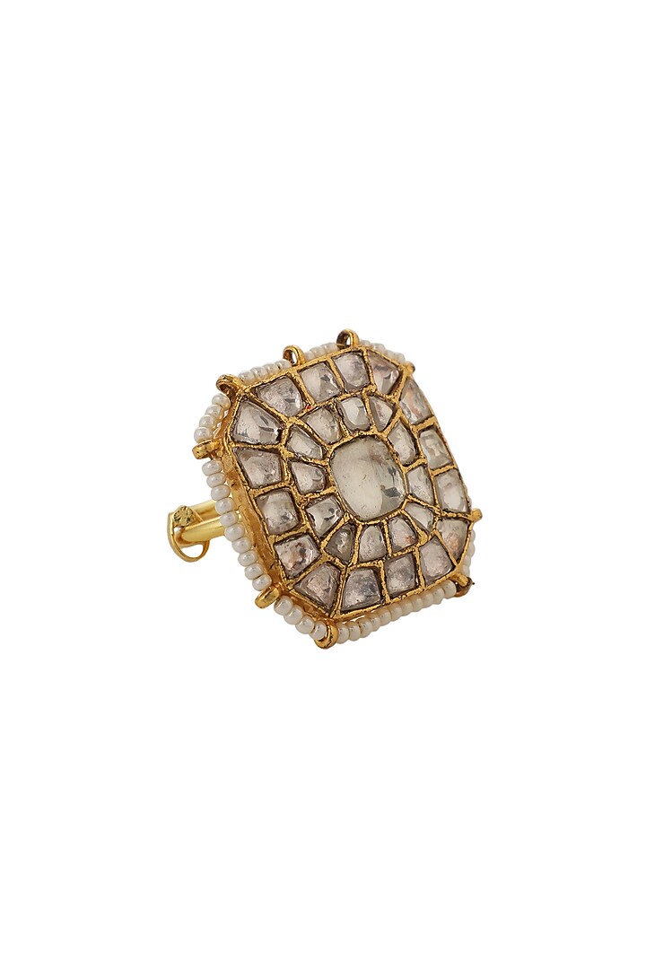 Gold Plated White Jadtar & Pearl Ring by Riana Jewellery at Pernia's Pop Up Shop