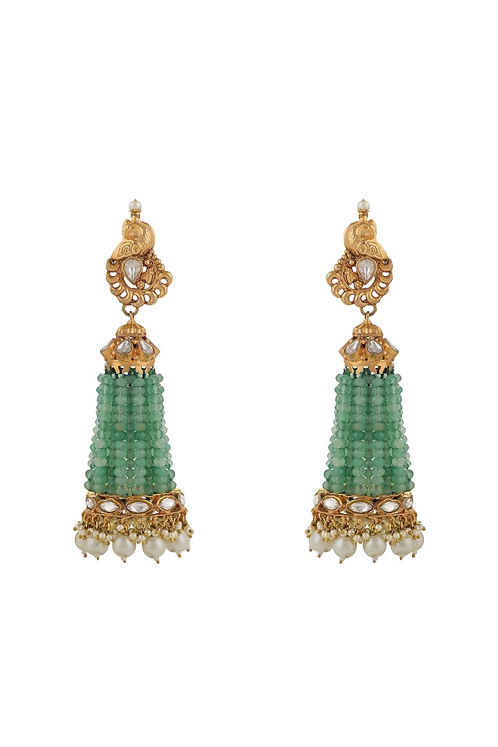 Gold Plated Sea Green & White Pearl Jhumka Earrings by Riana Jewellery at Pernia's Pop Up Shop