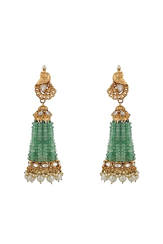Gold Plated Sea Green & White Pearl Jhumka Earrings by Riana Jewellery