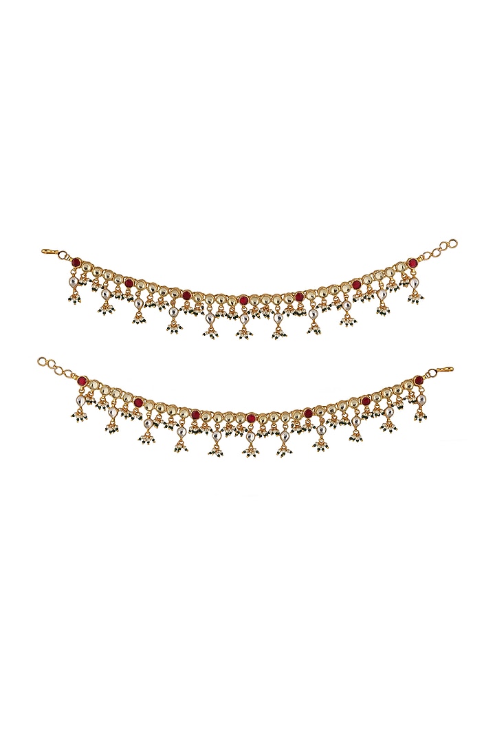 Gold Plated Pink & White Jadtar Anklets by Riana Jewellery at Pernia's Pop Up Shop