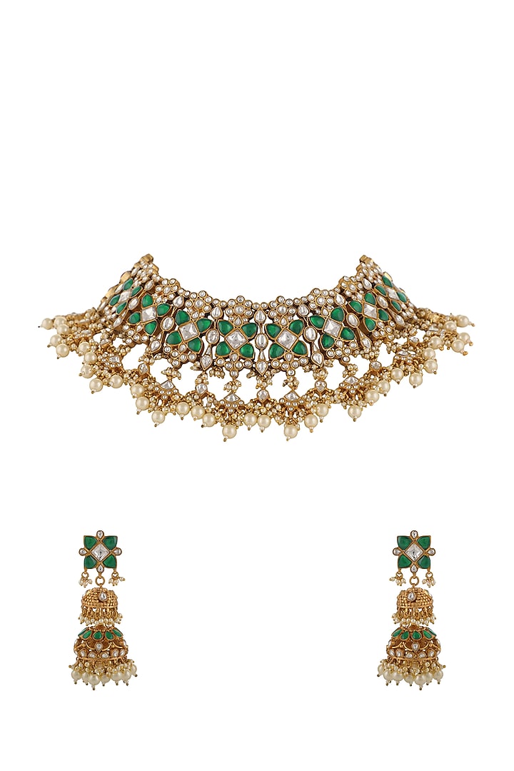 Gold Plated Green Jadtar & Pearl Necklace Set by Riana Jewellery at Pernia's Pop Up Shop