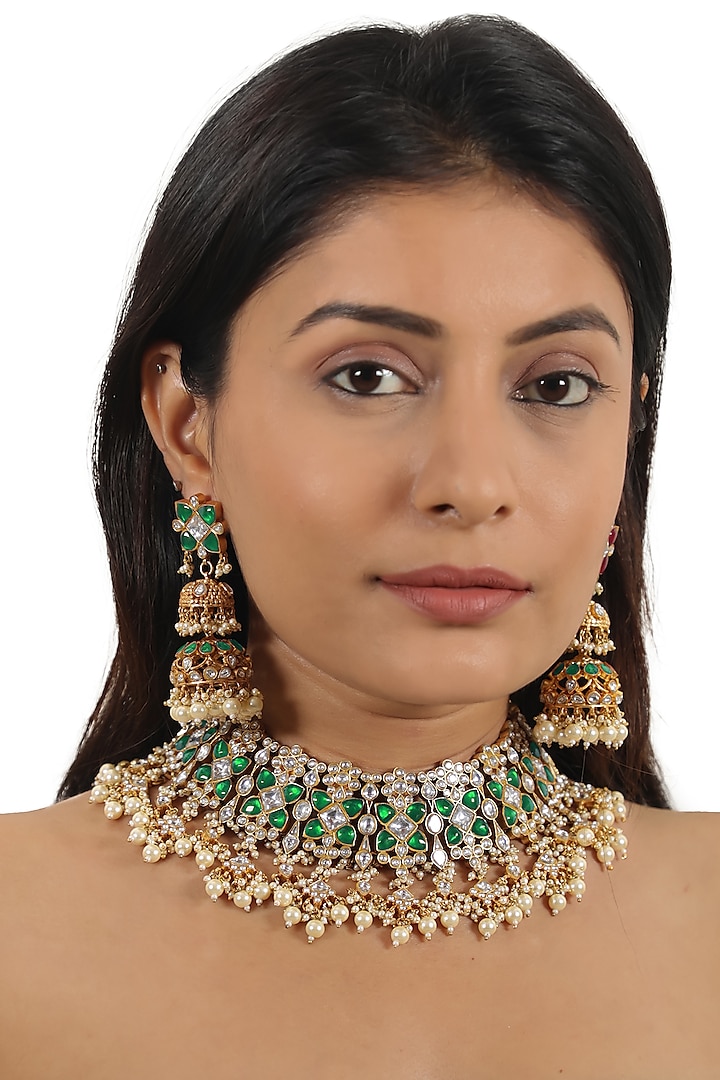 Gold Plated Green Jadtar & Pearl Necklace Set by Riana Jewellery at Pernia's Pop Up Shop