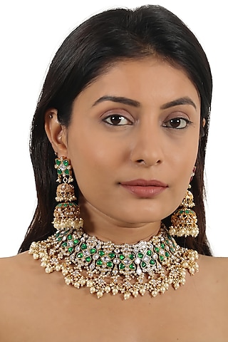Gold Plated Green Jadtar & Pearl Necklace Set by Riana Jewellery