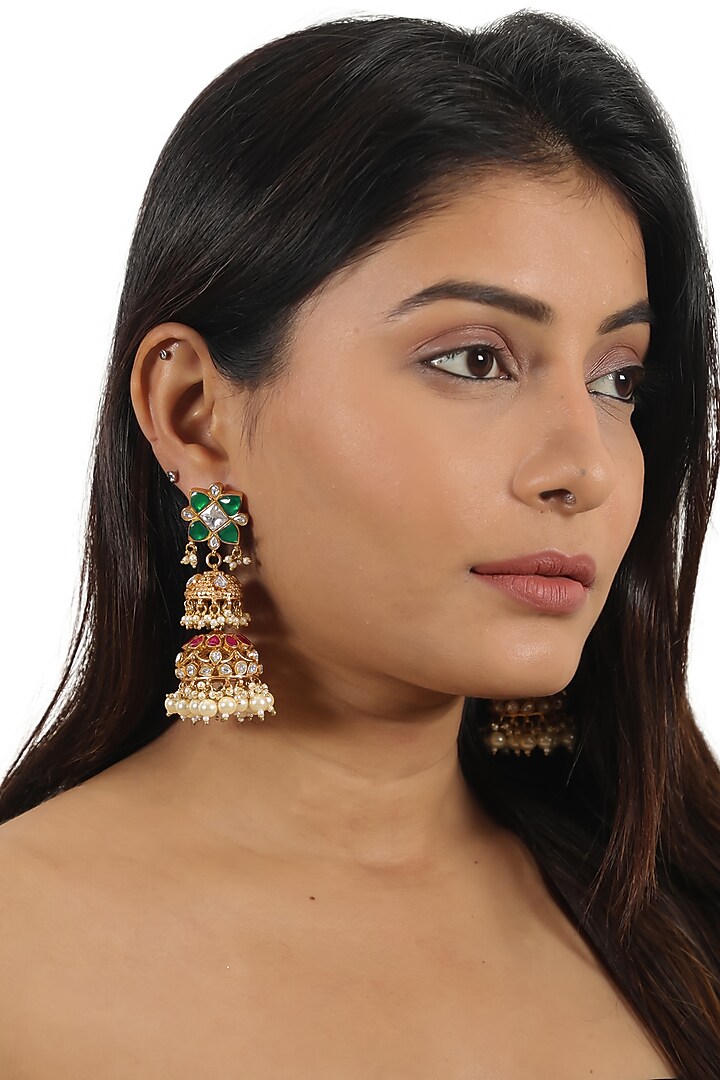 Gold Plated Green Jadtar & Pearl Necklace Set by Riana Jewellery at Pernia's Pop Up Shop