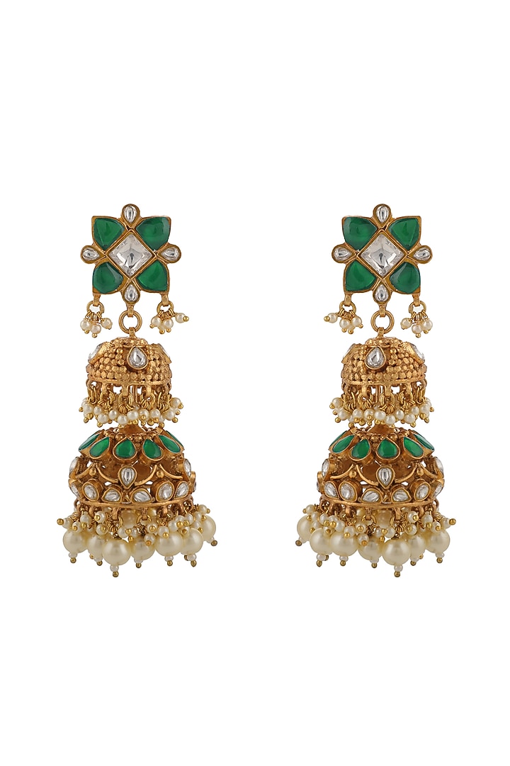 Gold Plated Green Jadtar & Pearl Jhumka Earrings by Riana Jewellery at Pernia's Pop Up Shop
