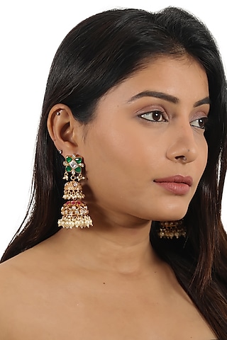 Gold Plated Green Jadtar & Pearl Jhumka Earrings by Riana Jewellery