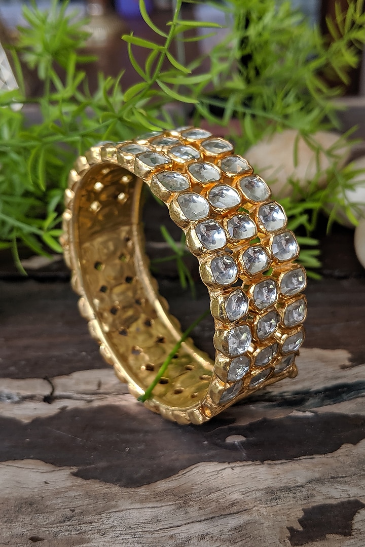 Gold Finish Jadtar Stones & Pearls Openable Bangle by Riana Jewellery at Pernia's Pop Up Shop
