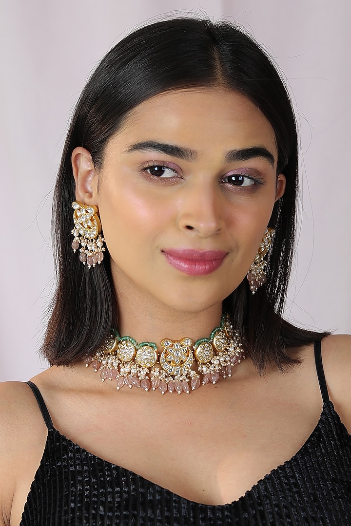 Gold Finish Jadau & Glass Beaded Choker Necklace Set by Riana Jewellery at Pernia's Pop Up Shop