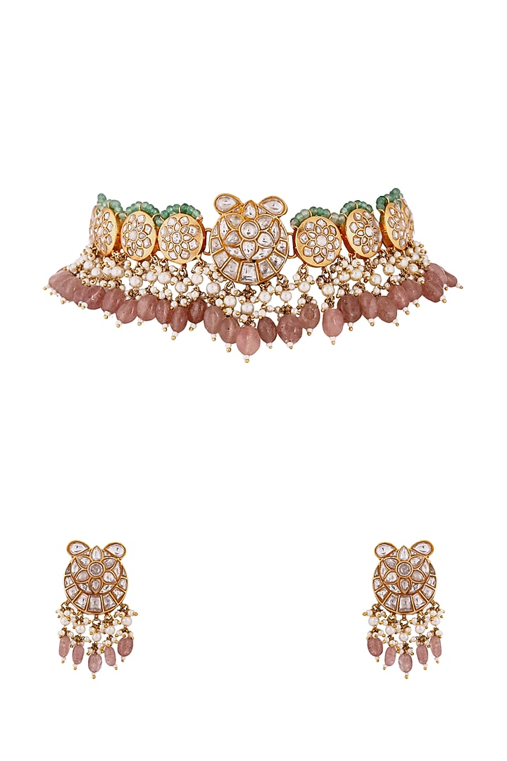 Gold Finish Jadau & Glass Beaded Choker Necklace Set by Riana Jewellery at Pernia's Pop Up Shop