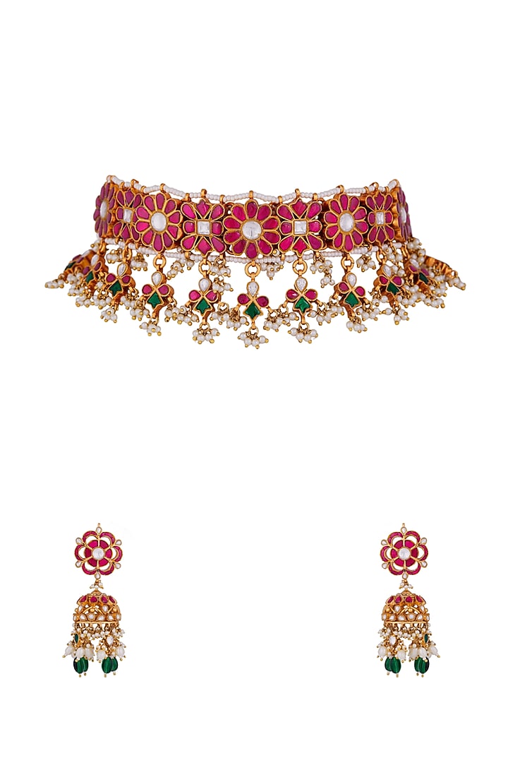 Gold Finish Emerald & Ruby Choker Necklace Set by Riana Jewellery at Pernia's Pop Up Shop