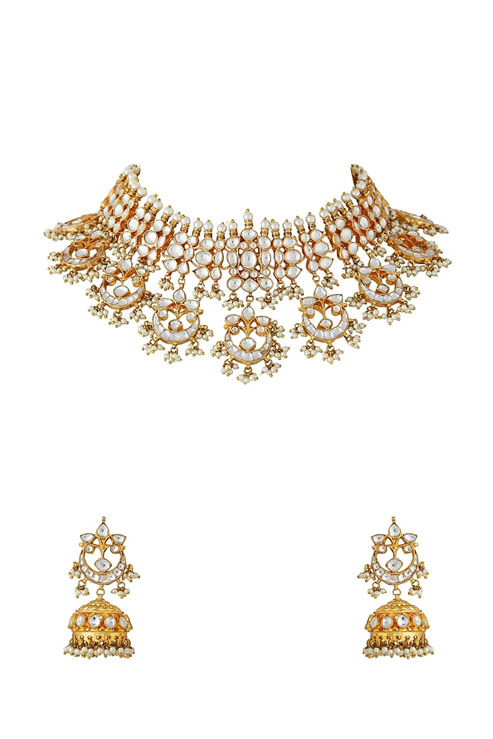 Gold Finish Jadau Choker Necklace Set by Riana Jewellery at Pernia's Pop Up Shop
