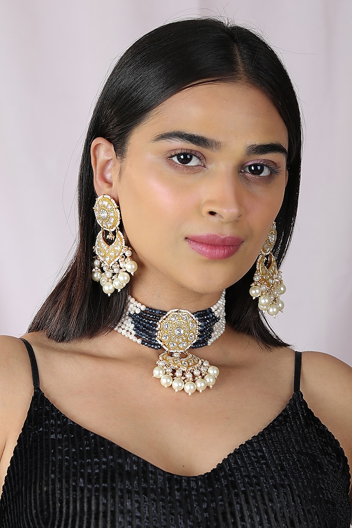 Gold Finish Kundan Polki Choker Necklace Set by Riana Jewellery at Pernia's Pop Up Shop