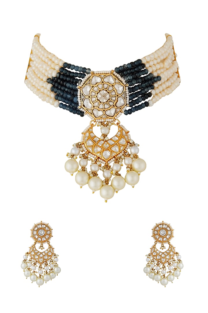 Gold Finish Kundan Polki Choker Necklace Set by Riana Jewellery at Pernia's Pop Up Shop