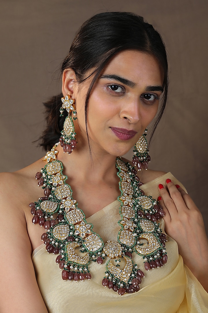 Gold Finish Jadau & Pearl Rajwadi Long Necklace Set by Riana Jewellery at Pernia's Pop Up Shop