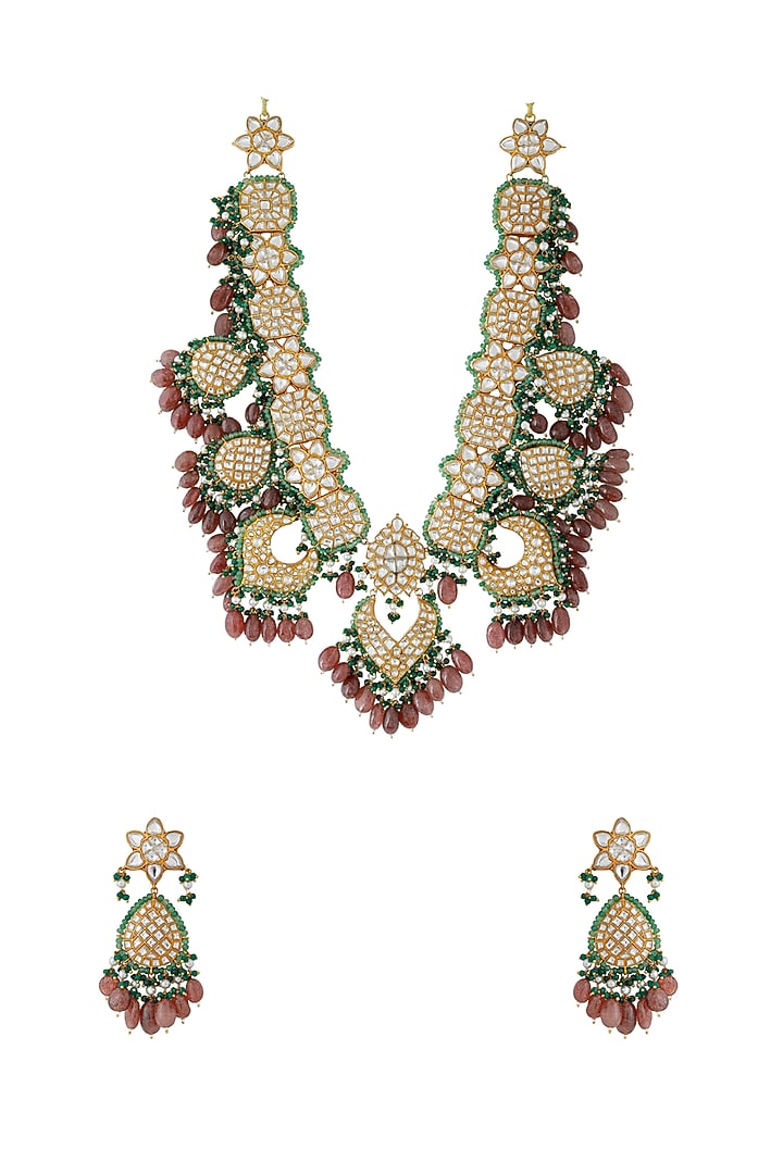 Gold Finish Jadau & Pearl Rajwadi Long Necklace Set by Riana Jewellery at Pernia's Pop Up Shop