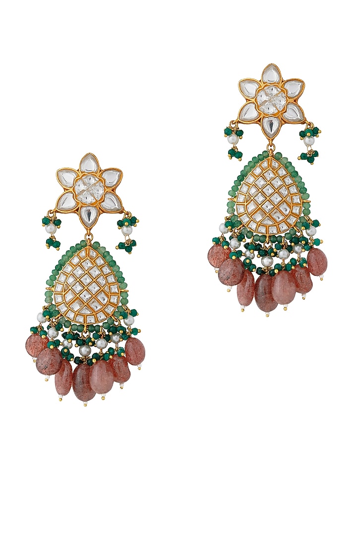 Gold Finish Jadau & Pearl Rajwadi Long Necklace Set by Riana Jewellery at Pernia's Pop Up Shop