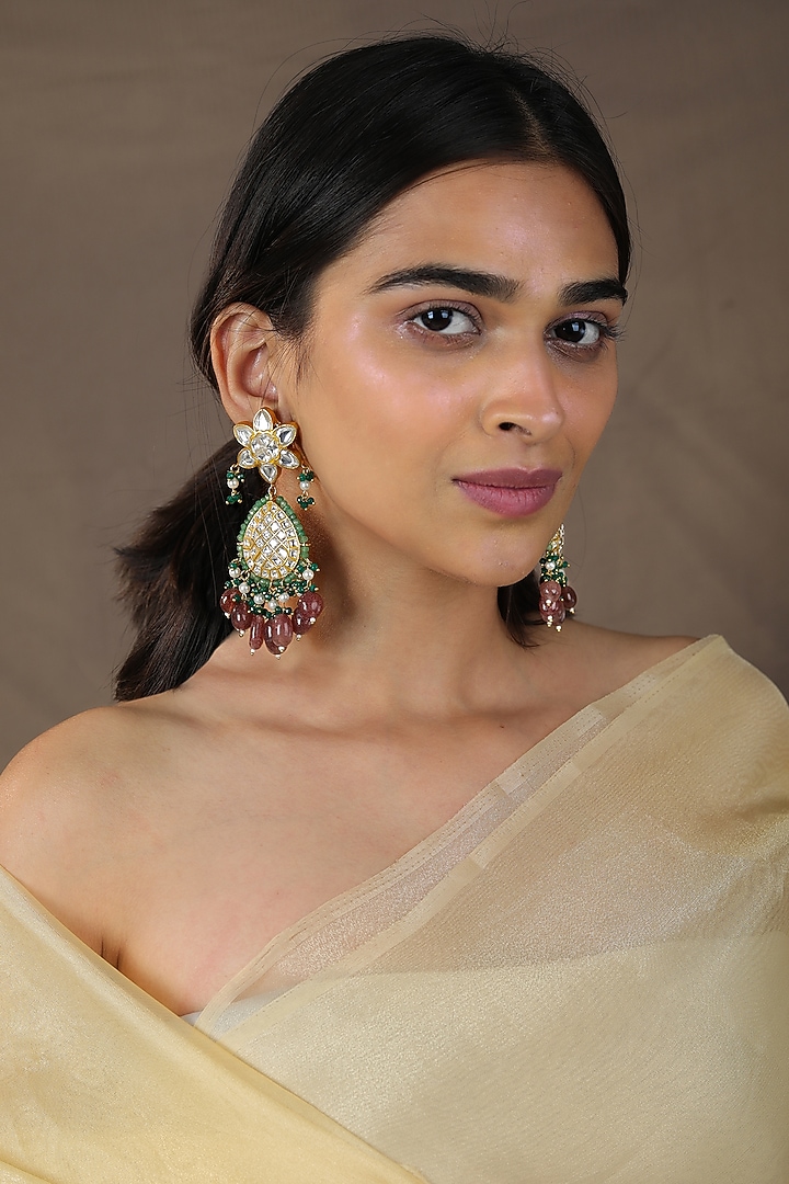 Gold Finish Jadau & Pearl Rajwadi Long Necklace Set by Riana Jewellery at Pernia's Pop Up Shop
