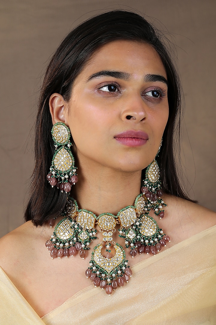 Gold Plated Jadau & Emerald Beaded Necklace Set by Riana Jewellery at Pernia's Pop Up Shop