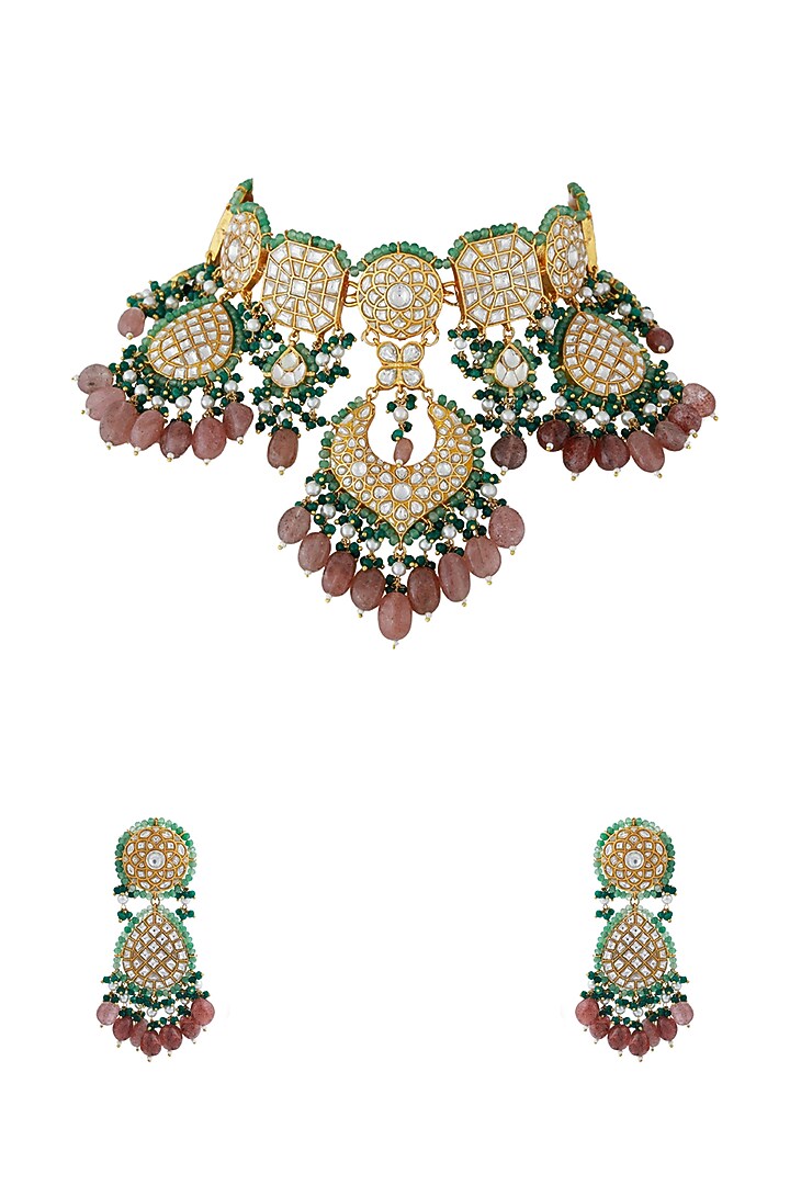 Gold Plated Jadau & Emerald Beaded Necklace Set by Riana Jewellery at Pernia's Pop Up Shop